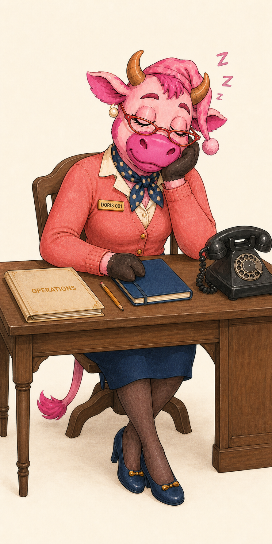 Doris 001 asleep at her operations desk in a pink nightcap